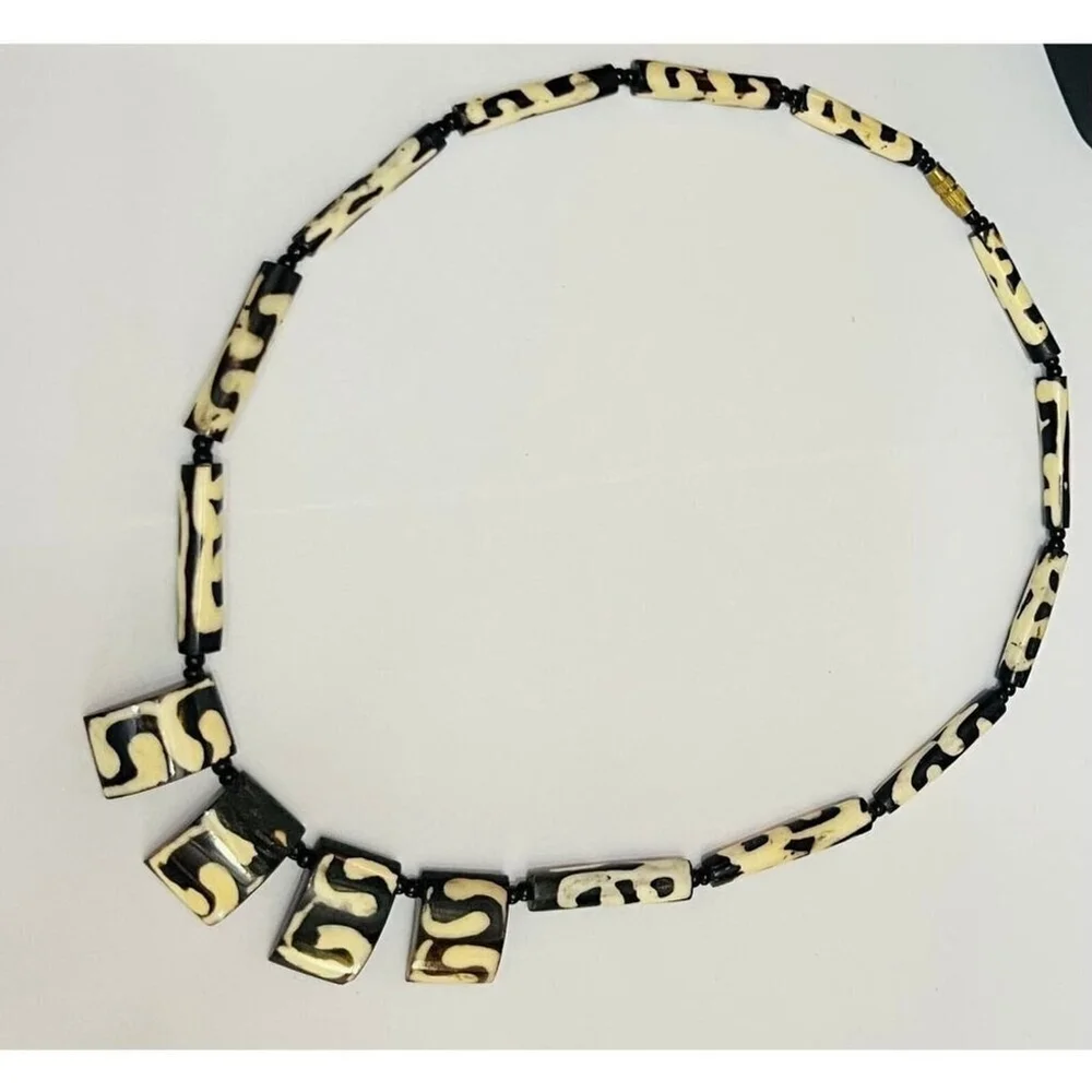 African Batik Bone Tribal Beads Statement Necklace - Picture 2 of 5